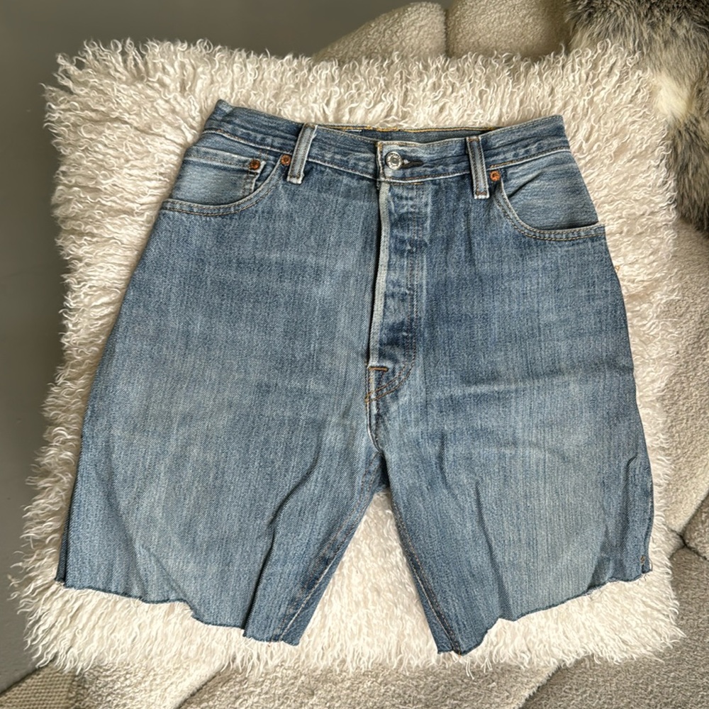 RE/DONE LEVIS Blue Denim Vintage Wash High Rise Bermuda Long Board Shorts 25